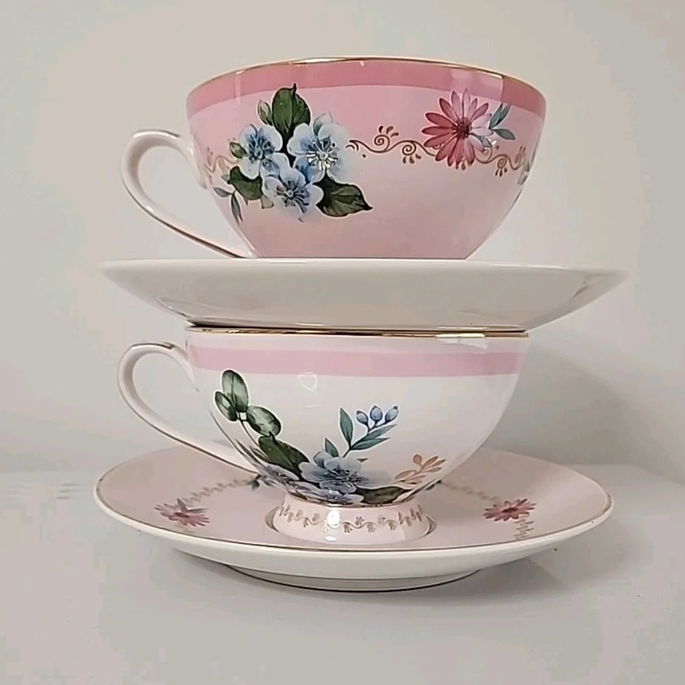 Grace Teaware Pink Floral Tea Cup Saucer Set 2 Cottagecore Gold Gilt Tea Party